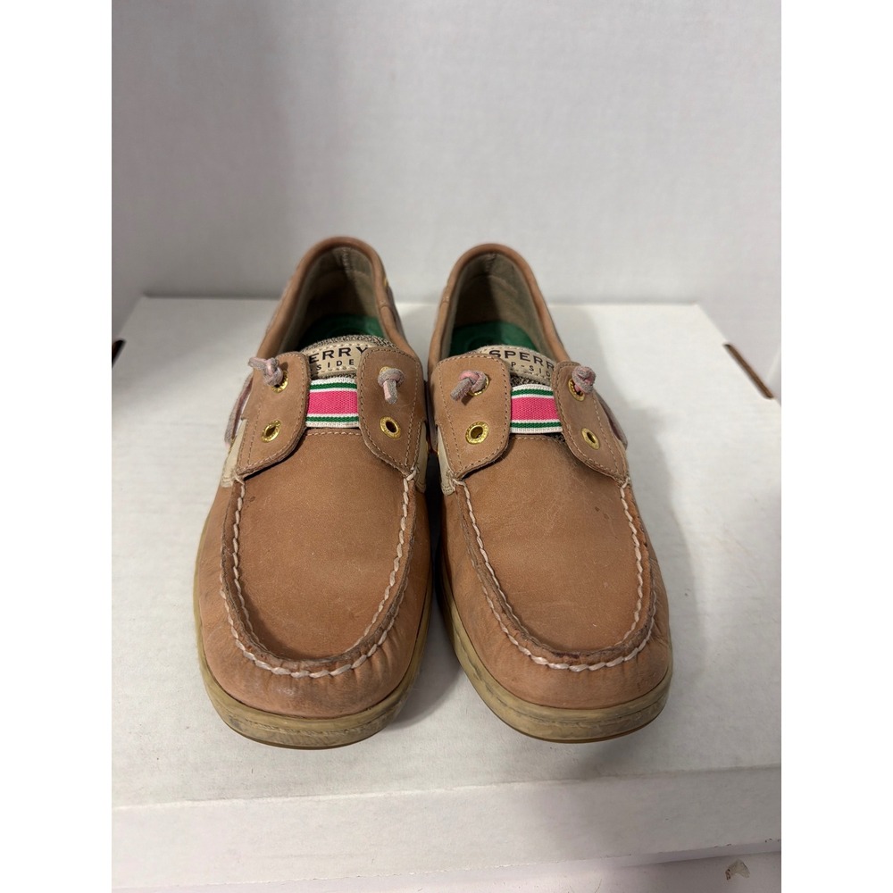 Sperry Top-Sider Angfish Tan Leather Mesh Boat Shoes Pink Green Stripe 8.5M - Picture 6 of 9